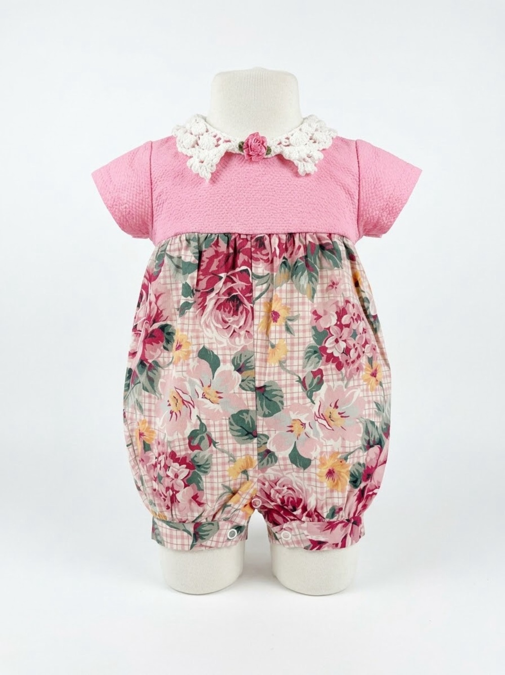 Baby Girls Pink Floral Romper with Crochet Collar